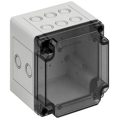 Small, square, transparent plastic box with a removable lid and multiple round cable entry holes.