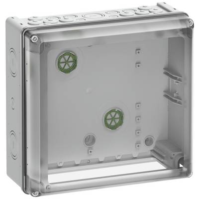 Plastic housing box with multiple round cutouts on the sides and two green elements inside.