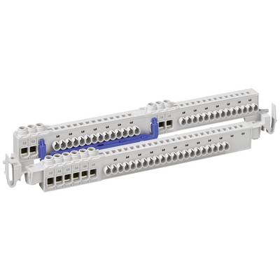 A grey patch panel with numerous connections and a blue insert in the centre, for cable connection in network systems.