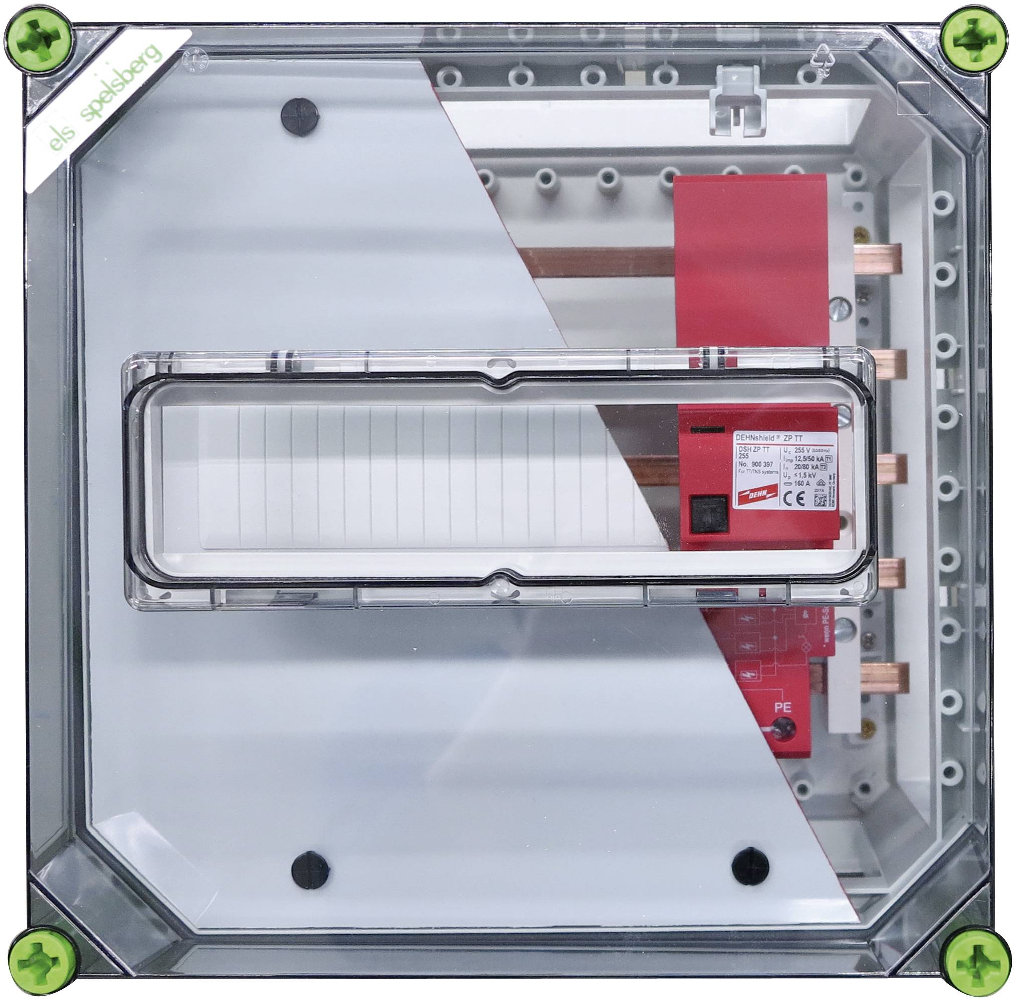 Electrical junction box with a transparent lid, visible cable connections, and a red switch in the centre.