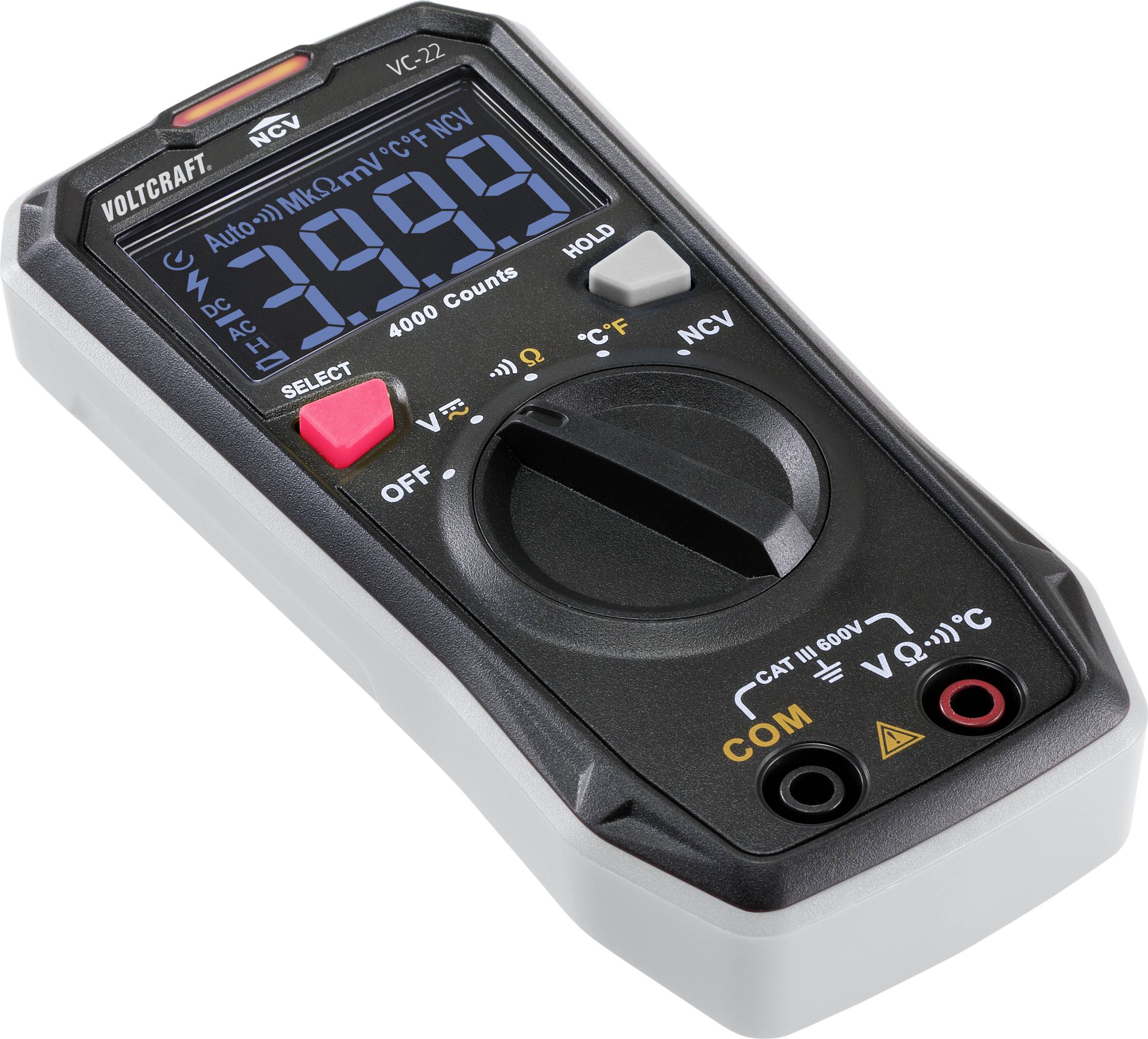Digital multimeter with backlight. Display shows '3999'. Functions: Voltage, current, resistance measurement.