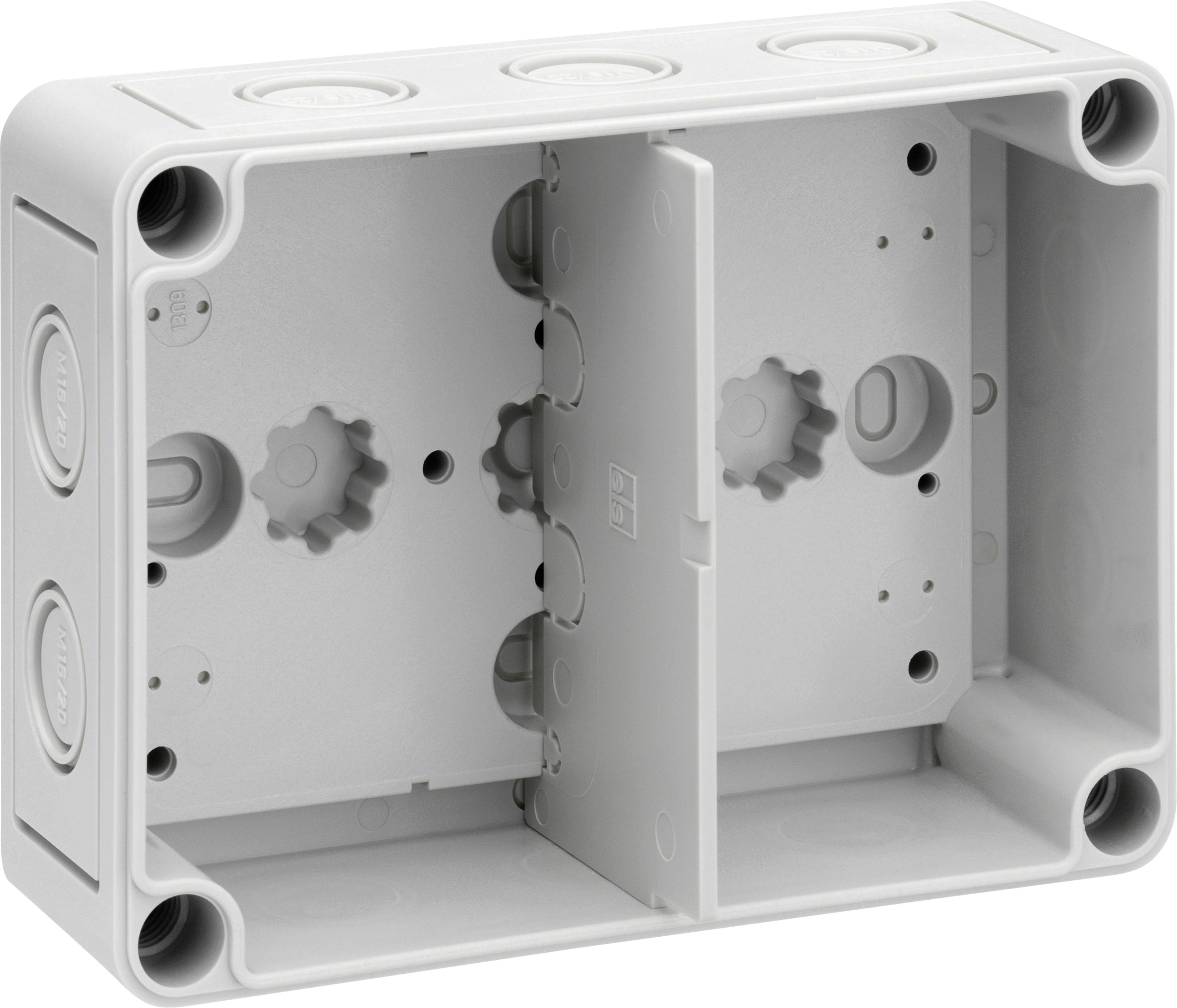 Grey plastic junction box with removable sides for cable connections. Rectangular shape, with side openings and mounting screws visible.