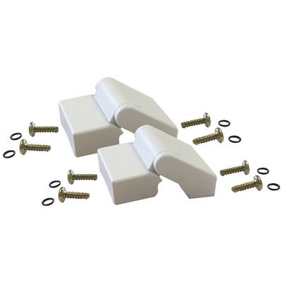 Two white plastic hinge pairs, each with four screws and washers, suitable for furniture assembly or repairs.