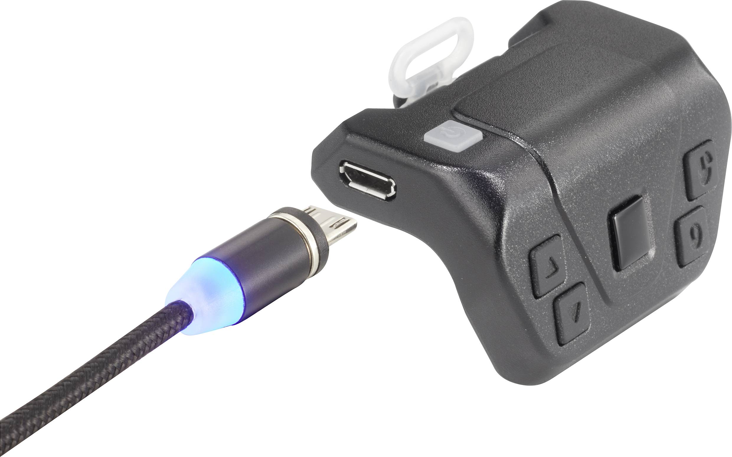 A black electronic device with multiple buttons and an illuminated cable connection.