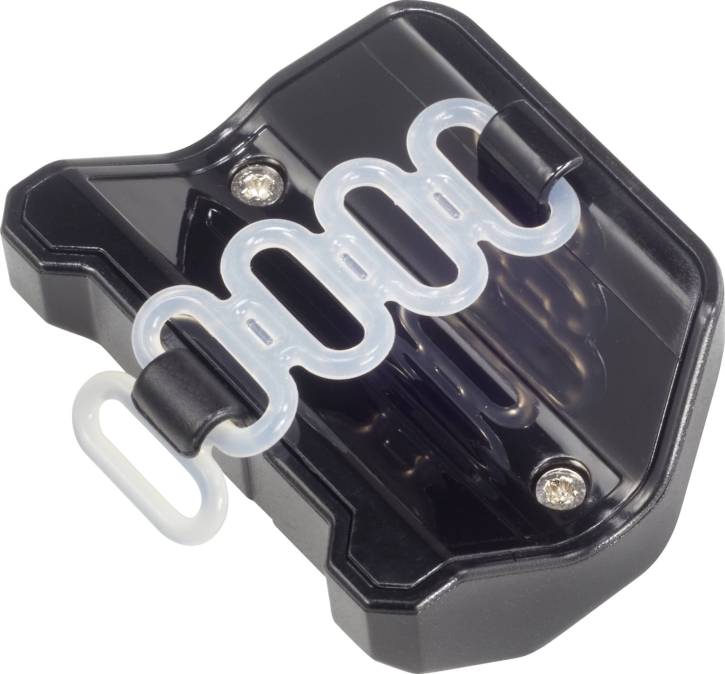 Black reversed clip with a curved white ribbon in the middle, presumably a cable holder, isolated on a white background.