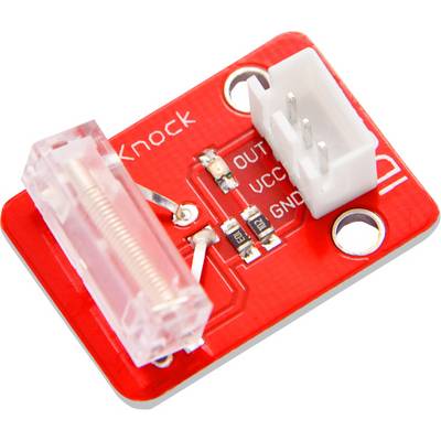 'Knock' Sensor Module with a red printed circuit board and white connection pins, used for detecting mechanical impacts or knocking.