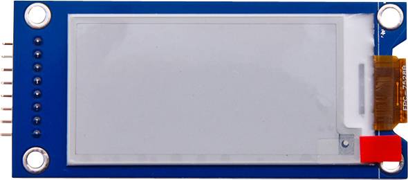 A rectangular E-Ink display module with a blue border and side contact pins. The display is white and inactive.