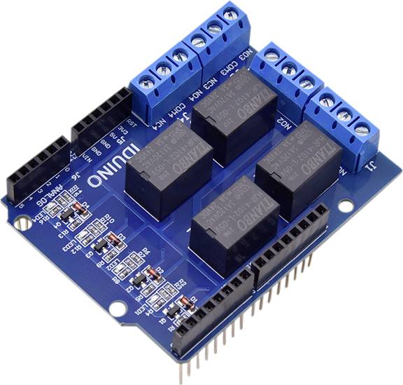 A blue Arduino relay module with four relays, blue connection terminals, and pins for connecting with other electronic devices.