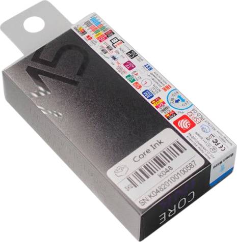 Grey ink cartridge packaging printed with internationalised icons and text; product name 'Core Ink' and serial number visible.