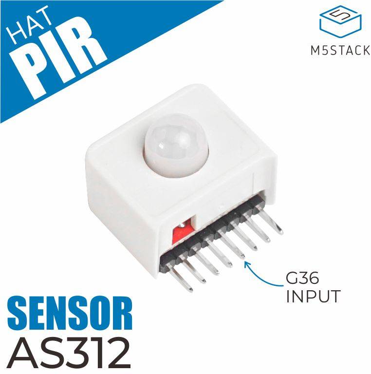 'PIR Sensor AS312' with connectors and marking 'G36 Input', on a white background with M5Stack logo.
