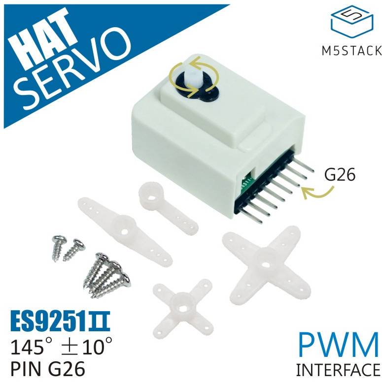 A HAT Servo ES9251II with PWM interface. Includes mounting hardware and offers a rotation of 145° ±10°. Connection: PIN G26.