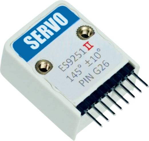 A small, white servo motor with blue lettering 'SERVO'. Text underneath: 'ES9251 II, 145° ±10°, PIN G26'.