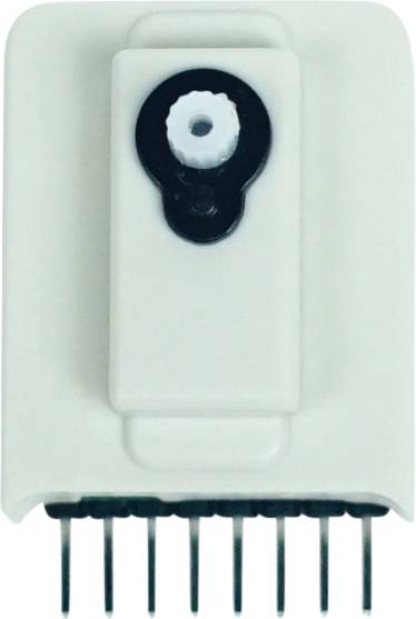 White electronic component with multiple metal pins and a central, round black and white element on top.