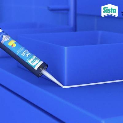 Sealant cartridge applied in bathroom; blue washbasin visible in background; Sista logo in top right corner.