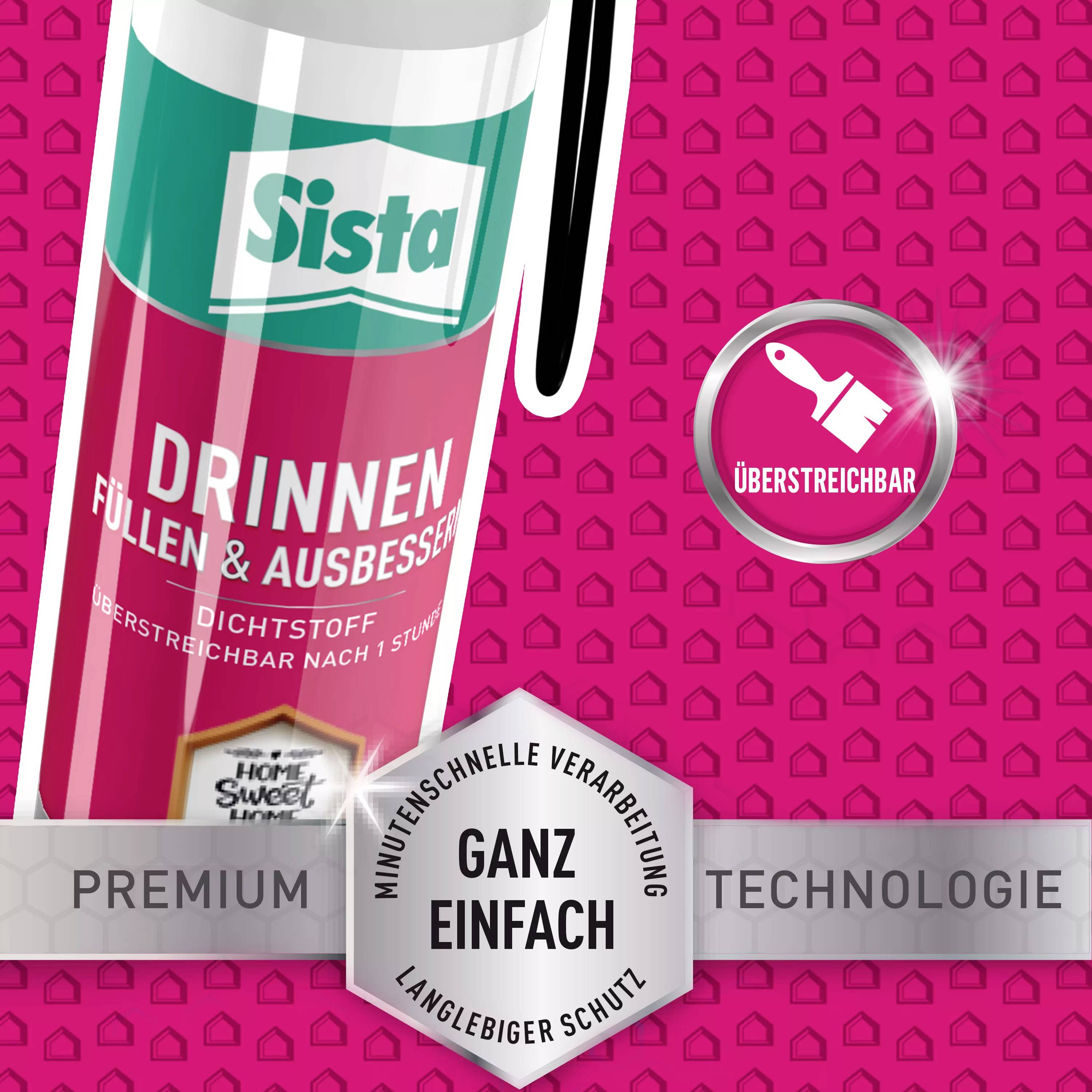 A red sealant tube of the Sista brand with the inscription 'Fill and repair indoors' and symbol 'Paintable'.