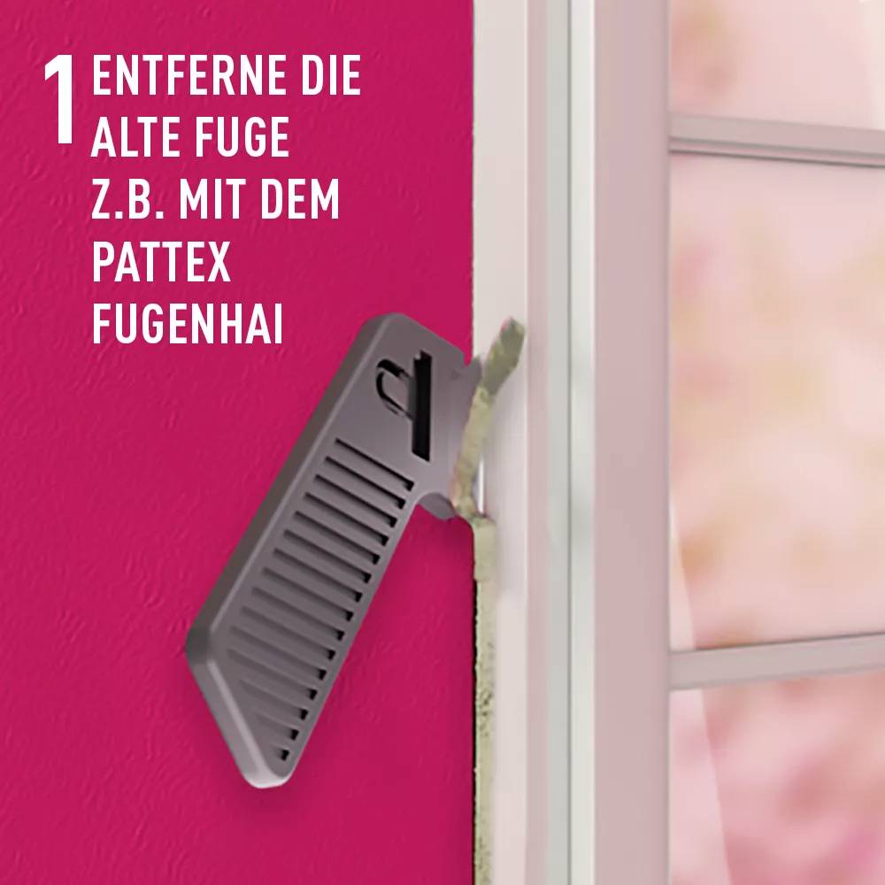 '1 Remove the old sealant, for example, with a joint scraper.' A grey jointing trowel is used to remove sealant from a door panel.
