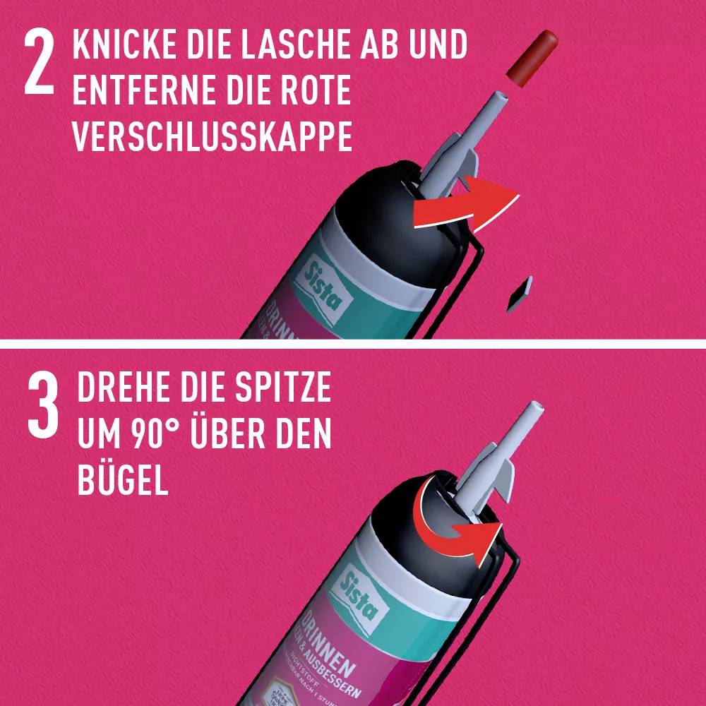 Top: Instructions to break off the tab and remove the cap. Bottom: Turn the tip 90 degrees, parallel to the handle.