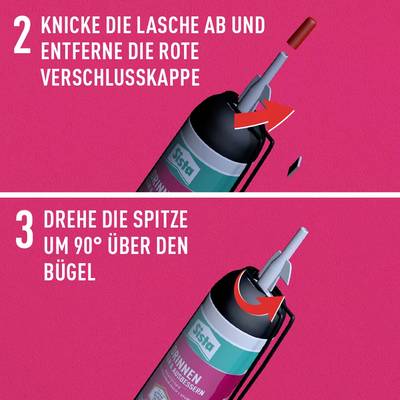 Top: Instructions to break off the tab and remove the cap. Bottom: Turn the tip 90 degrees, parallel to the handle.