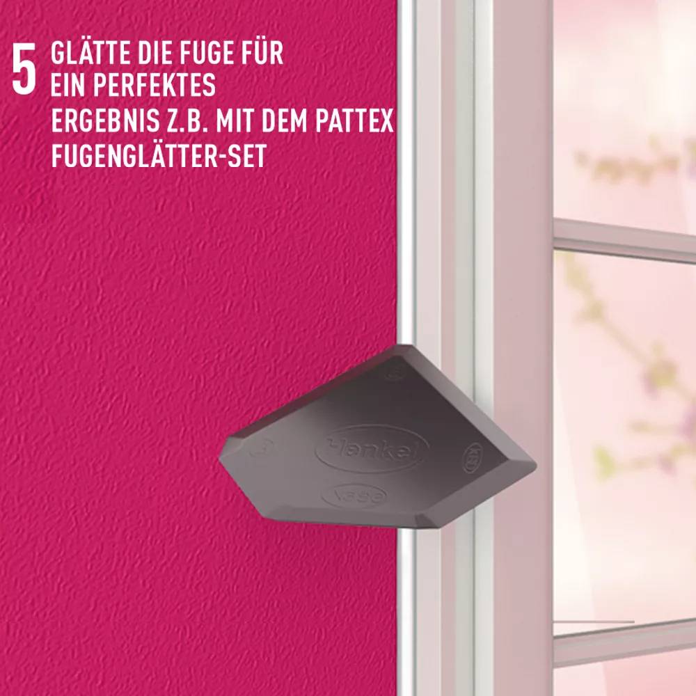 A grey grouting smoothing tool from Pattex is being used along a window joint. Text: 'Smooth the joint for a perfect finish'.