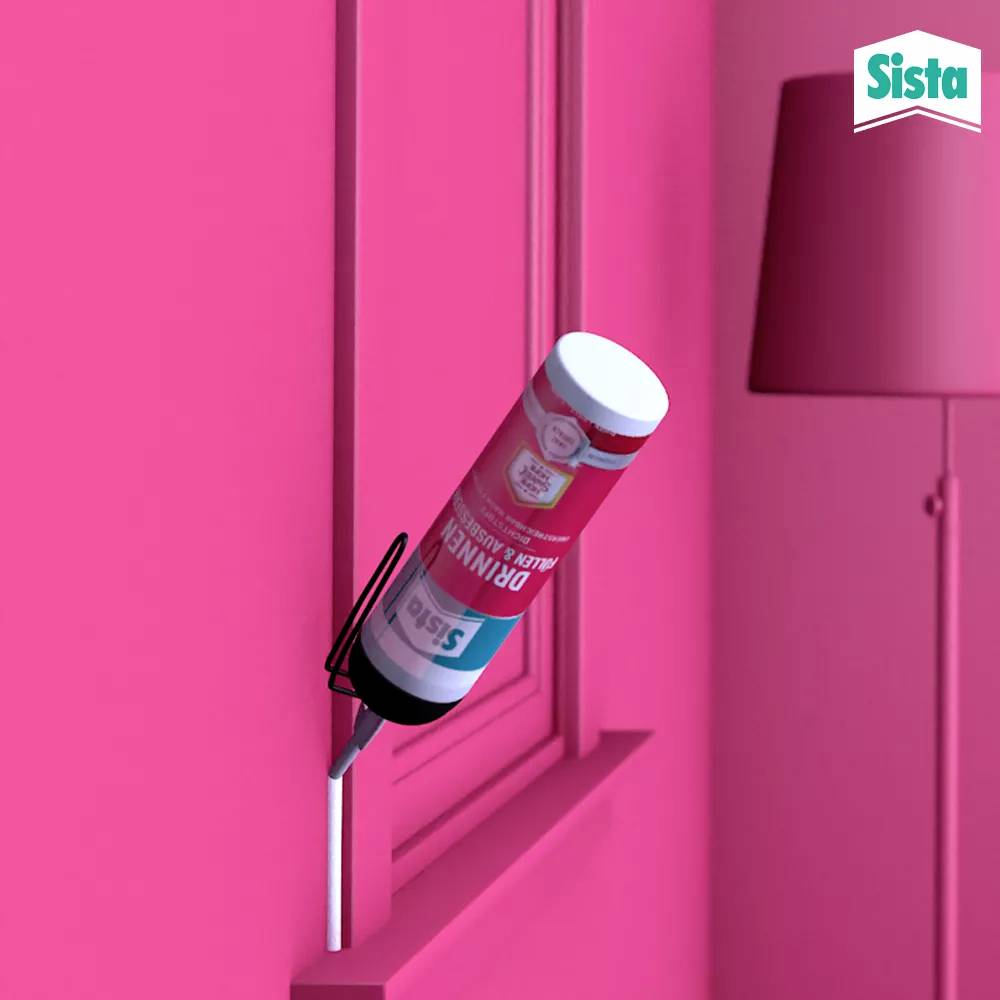 A pink room with a window and a white silicone gun pointing vertically at the window frame. A lamp is visible in the background.