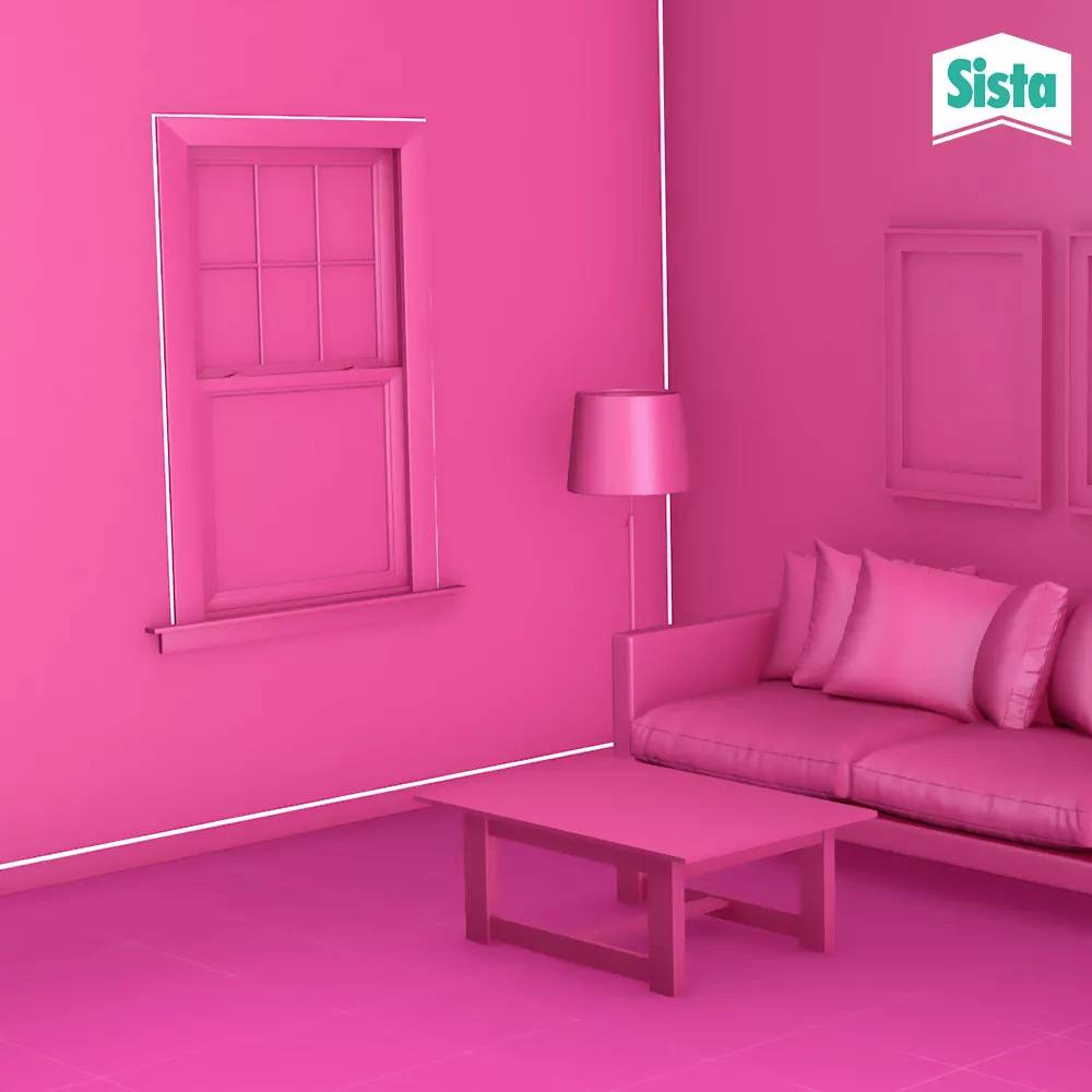 A living room with pink walls and furniture, including a sofa, a coffee table, a lamp, and a window. The 'Sista' logo is located in the top right corner.