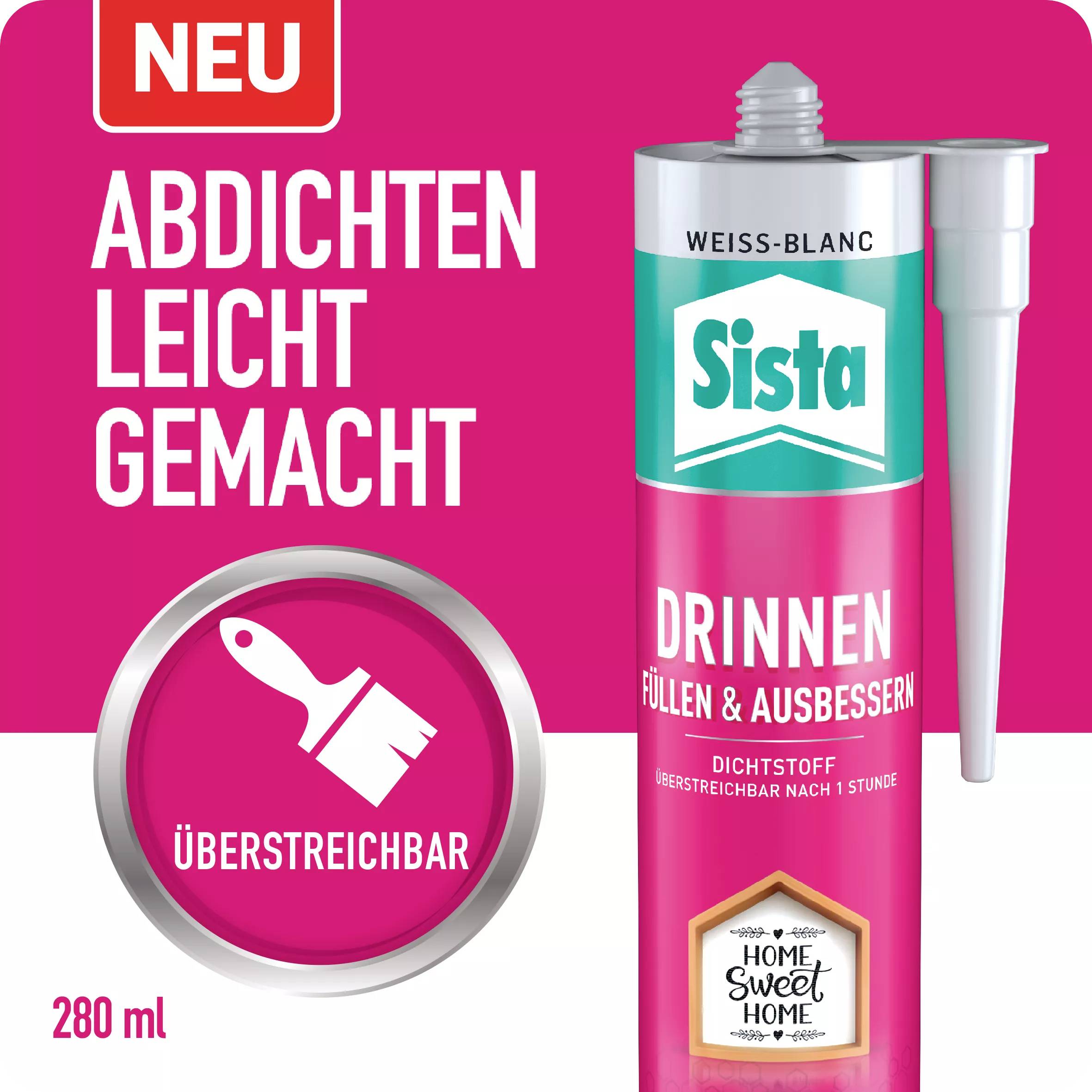 A red packaging of sealant by the Sista brand for interior applications. Text: 'New, sealing made easy, paintable'.