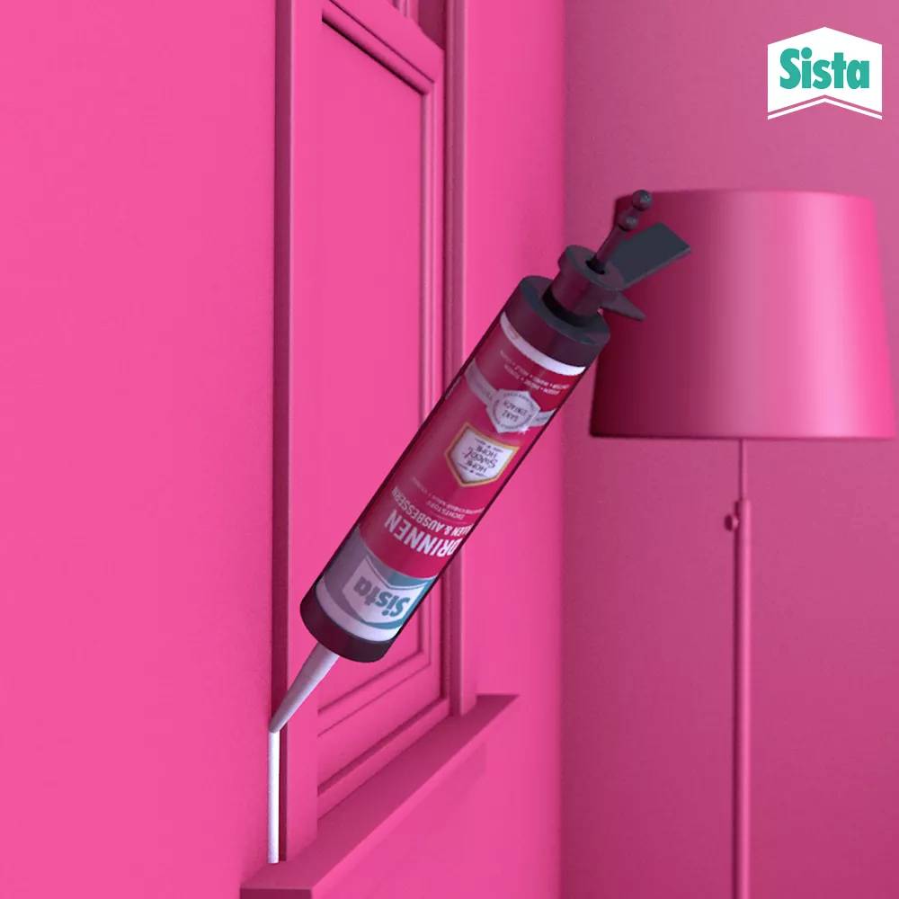 A pink room with a lamp and window. A silicone cartridge is being used to seal the window. 'Sista' is written top right.