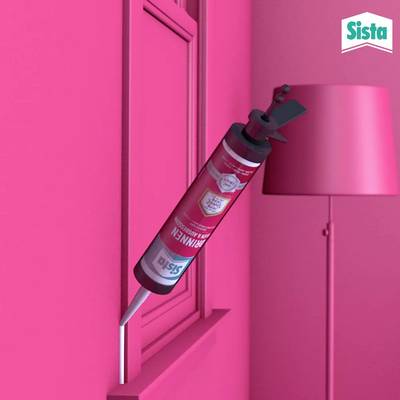 A pink room with a lamp and window. A silicone cartridge is being used to seal the window. 'Sista' is written top right.