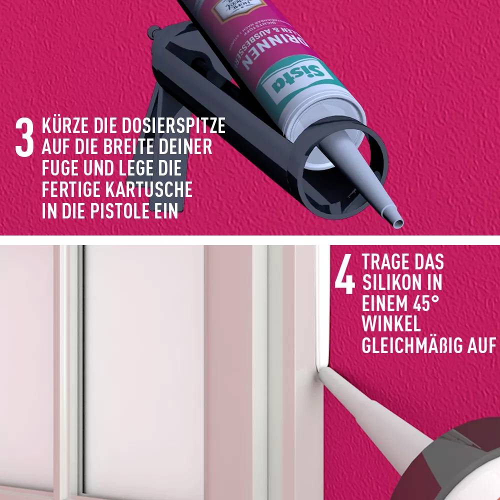 A dispensing device with a silicone cartridge demonstrates how a sealant is applied evenly to a window joint at a 45-degree angle.