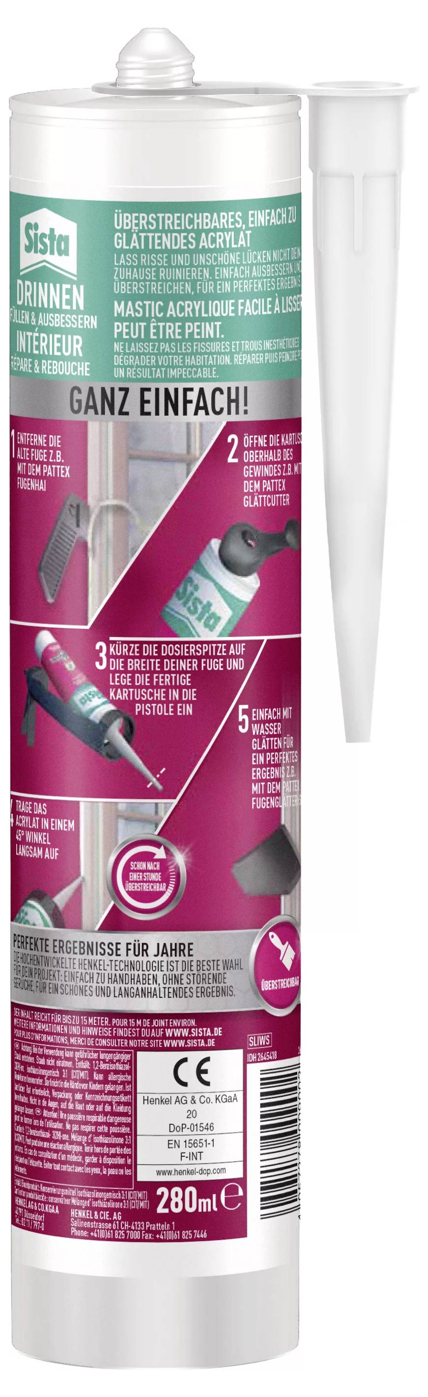 Cartridge of an acrylic sealant for interior use. Instructions: Cut, fit nozzle, apply, smooth, dry. Contents: 280 ml.