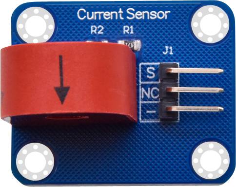 Current sensor module: Rectangular blue circuit board with a red coil and three silver pins, marked with 'S', 'NC' and '-'.