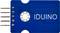 Blue electronic module with four curved pins and a circular opening on the left; the text 'IDUINO' is visible on the right.