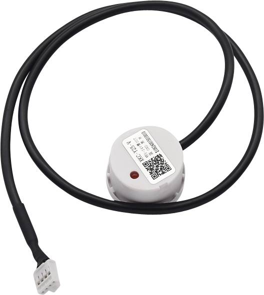 A white, round sensor with a black cable and a white plug. A QR code and a red marking are visible.