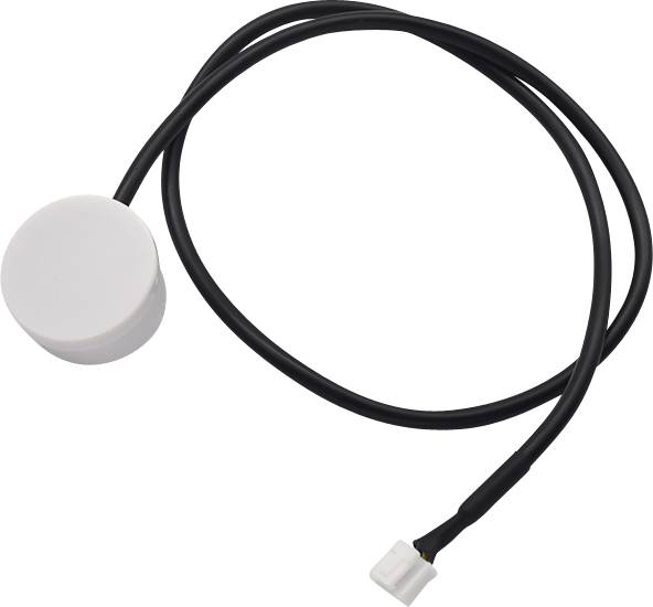 A circular, white sensor with a long, black cable and a white plug at the end.