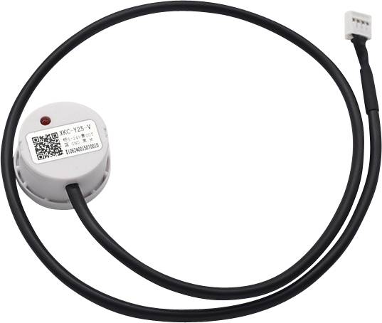 A white, round sensor with a long black cable and plug. A QR code and text are located on the sensor.