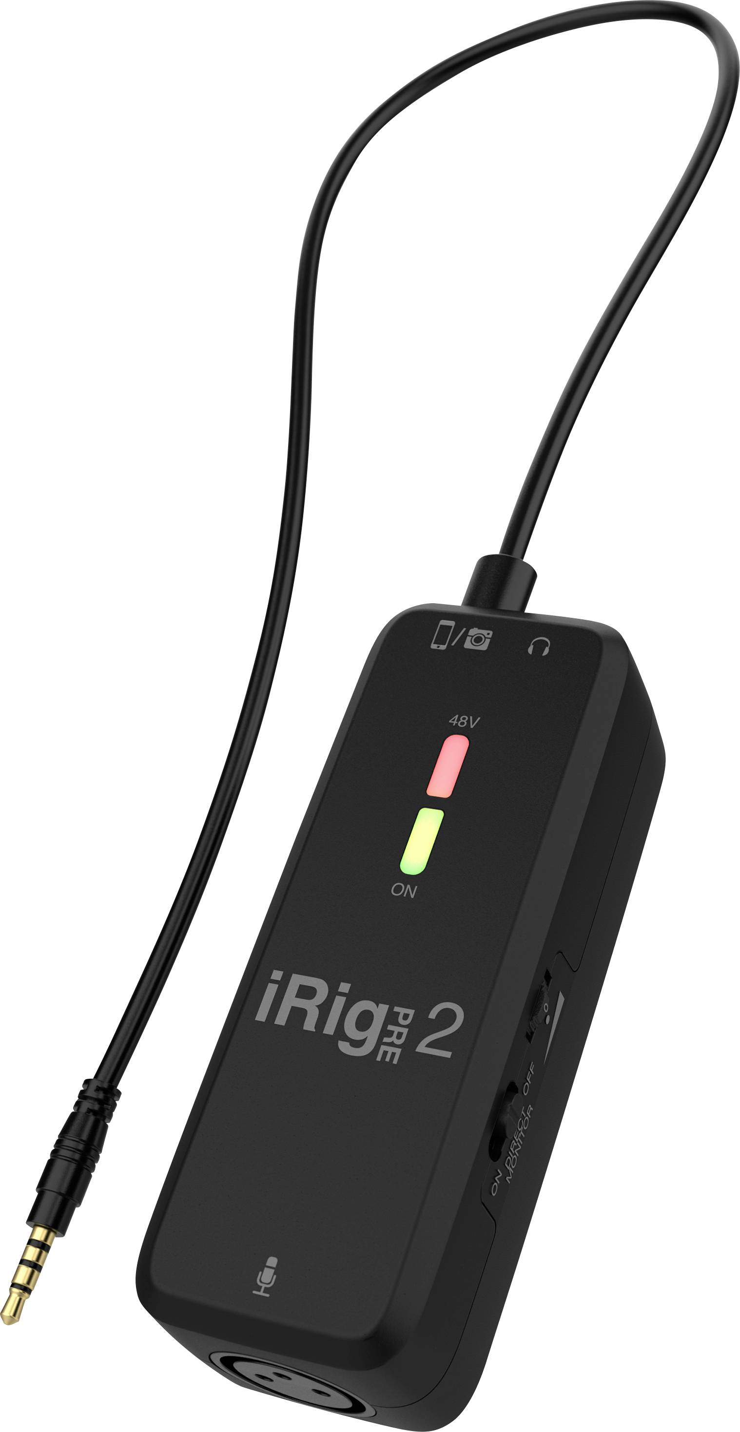 Black iRig Pre 2 microphone preamp with headphone socket, XLR input and LED indication for 'Off' and 'On'.
