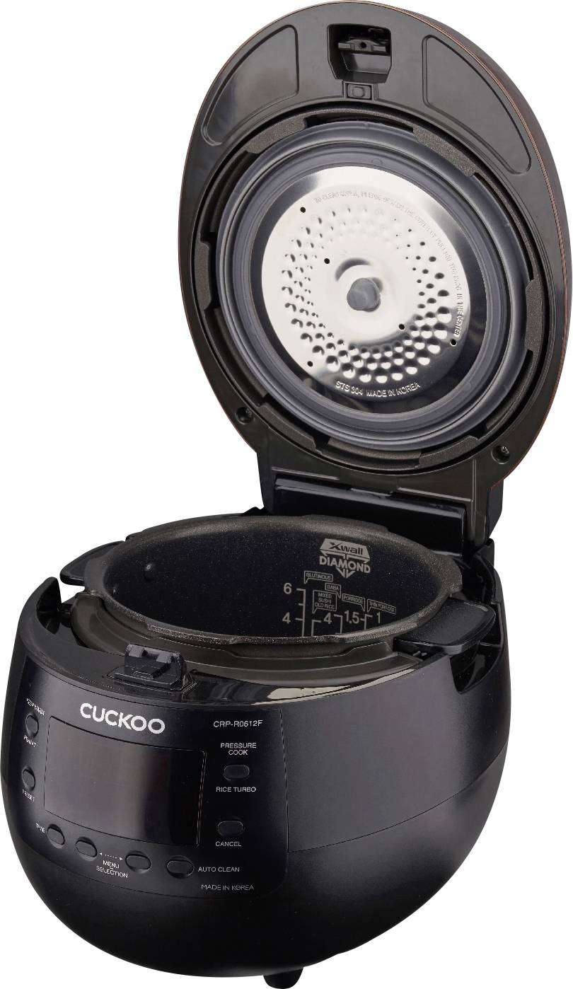 A black rice cooker with an open lid, revealing its interior. A control panel with buttons is located on the front.