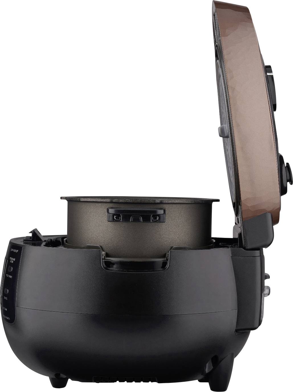 Black multi-cooker with open lid, showing the removable inner pot. Ideal for versatile cooking and steaming.