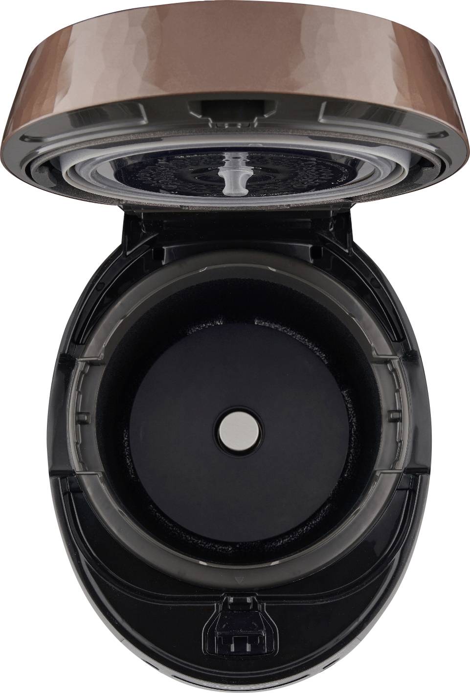 Open electric rice and multi-cooker with a removable inner container. Top view of the open cooking chamber.