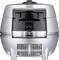 Silver hot air fryer with removable insert and digital control panel on the front.