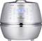 Silver rice cooker with digital display, showing 12:00. Various cooking options and control buttons are visible.