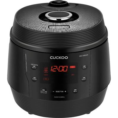 Electric rice cooker in black, brand with digital display showing '12:00'. Buttons for various settings on the front.