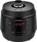 Electric rice cooker in black, brand with digital display showing '12:00'. Buttons for various settings on the front.