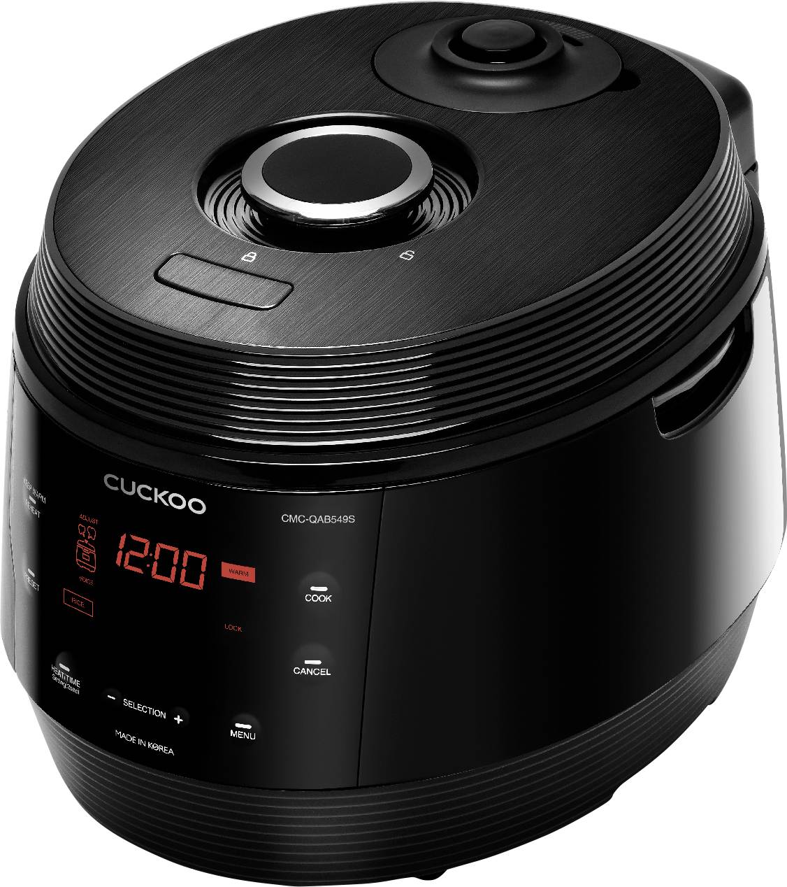 A black multi-function cooker with a digital display shows '12:00'. Buttons for settings and operating modes are visible.