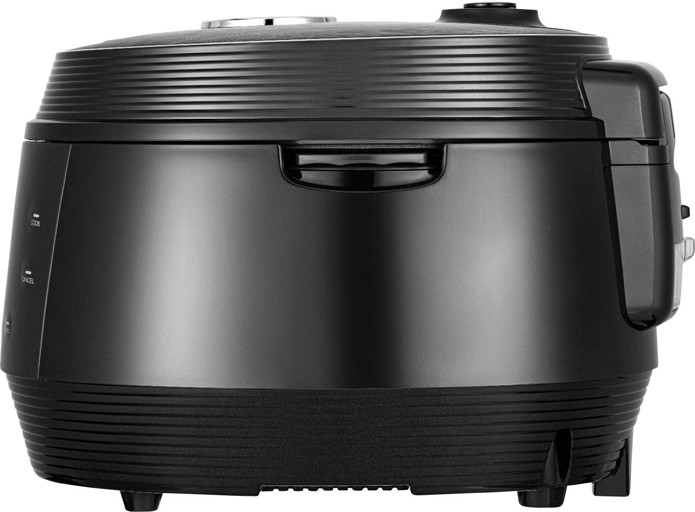 Black glossy multi-cooker with a round shape, control buttons on the top, handle at the front, on a white background.