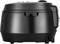Black glossy multi-cooker with a round shape, control buttons on the top, handle at the front, on a white background.