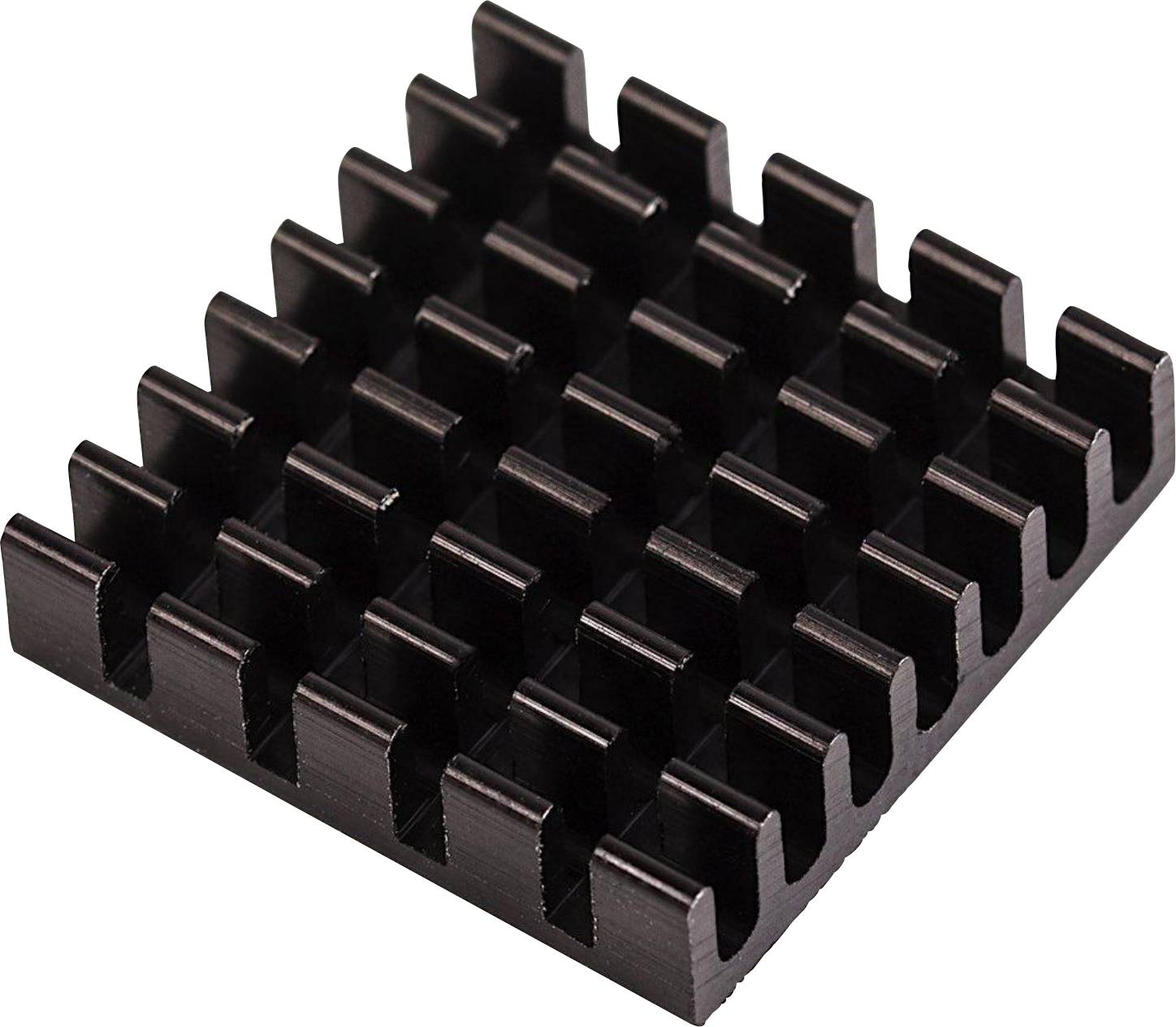 A black aluminium heatsink with fins to improve heat dissipation. Suitable for electronic components.