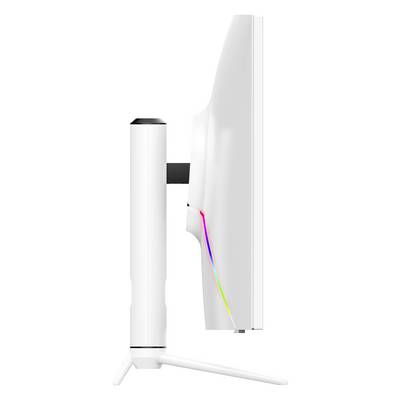 White computer monitor from a side angle, showing a sleek design with a luminous rainbow-coloured stripe along its edge.