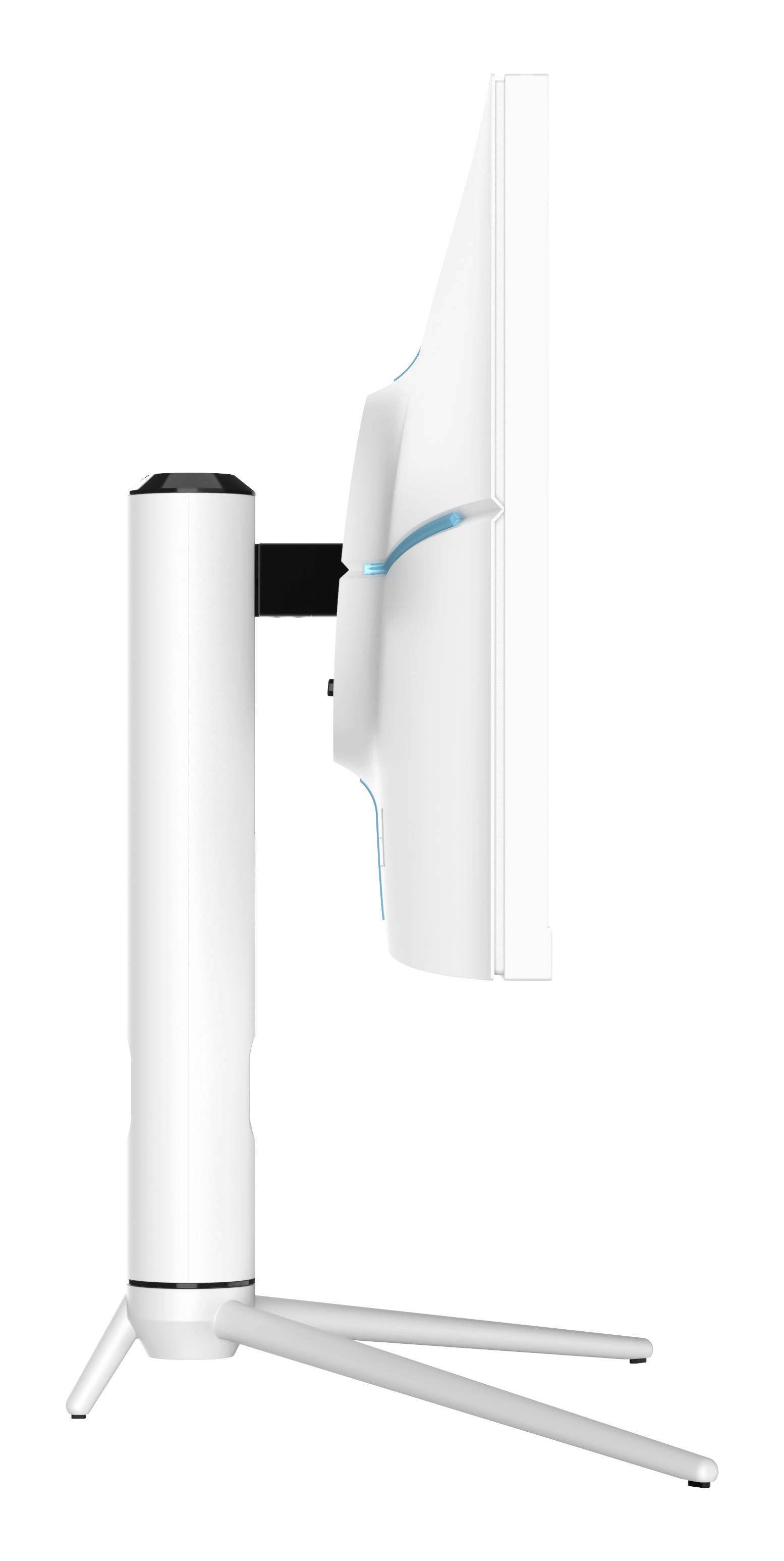 Side view of a white gaming monitor on a stand. The screen is slightly tilted forward, with blue accents.