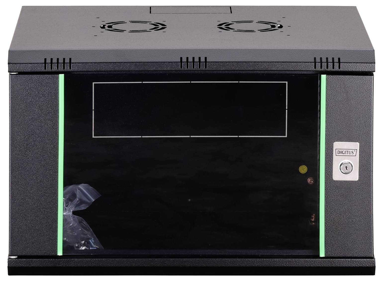 A black digital safe with a green outline on the edges and a keypad lock on the right side.